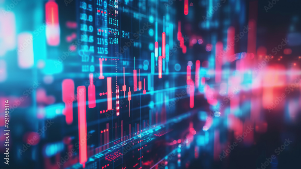 a blurred close-up view of a financial stock market graph on a digital screen with various data points and trend lines
