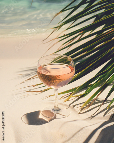 Rose wine in an elegant glass is placed on the sand with a palm branch by the sea. The sunlight passes through the glass and reflects the light onto the sand. Magazine photography.