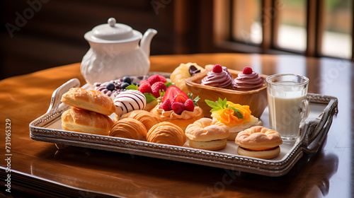 A tray of delicate French pastries, including croissants, éclairs, and fruit tarts,