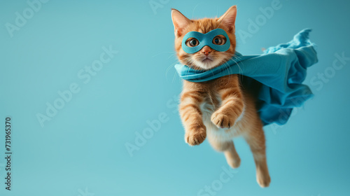 a yellow striped cat with a blue cape and a blue mask like a super hero flying on a soft blue monochrome background © MYKHAILO KUSHEI