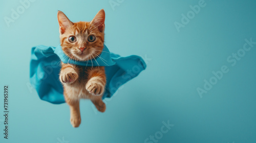 a red-haired striped cat with a blue cloak like a super hero flying on a soft blue plain background © MYKHAILO KUSHEI