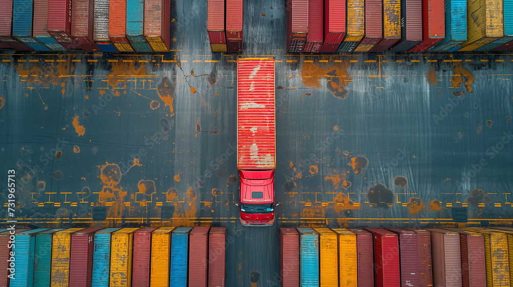 in a place where many large containers are stacked evenly, a truck is parked with one more container where there is room, view from above - obrazy, fototapety, plakaty 