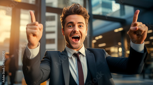 Young businessman excited at the office building with fingers up, pointing, successful photo