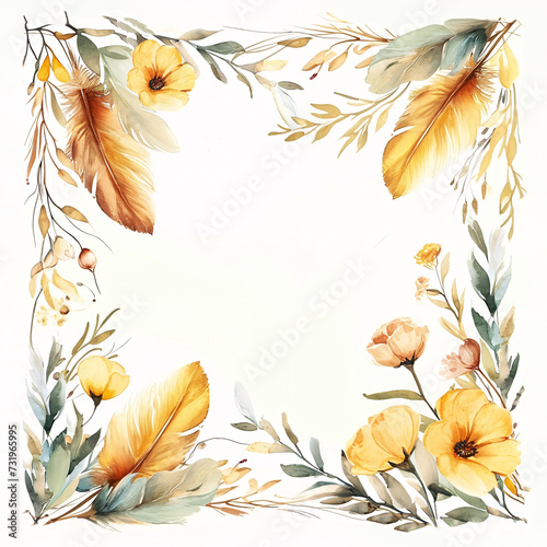 Frame with feathers, flowers, leaves in boho style: Graceful of Botanical Elegance, Perfect for Invitations, Greeting Cards, or Wall Art