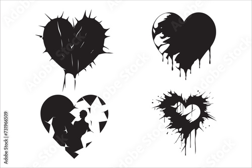Broken heart gothic vector Silhouette set  love sign gothic Silhouette and cracked grunge Silhouette shapes.