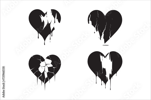 Broken heart gothic vector Silhouette set, love sign gothic Silhouette and cracked grunge Silhouette shapes.
