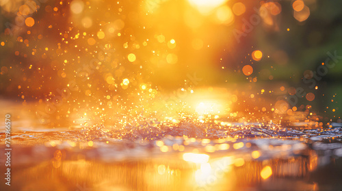 Water splashes from the forest as the sun sets on a beautiful evening, in the style of bokeh panorama, gold leaf accents, glittery and shiny, backgrounds