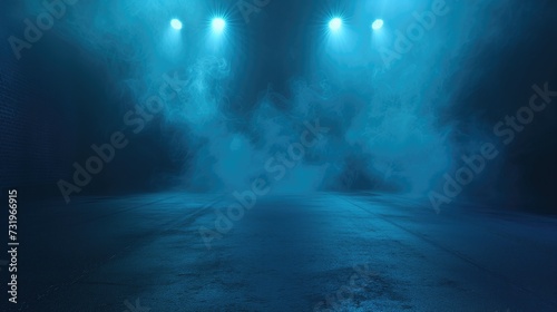 A dark empty street, dark blue background, an empty dark scene, neon light, spotlights The asphalt floor and studio room with smoke float up the interior texture. night view, generative ai