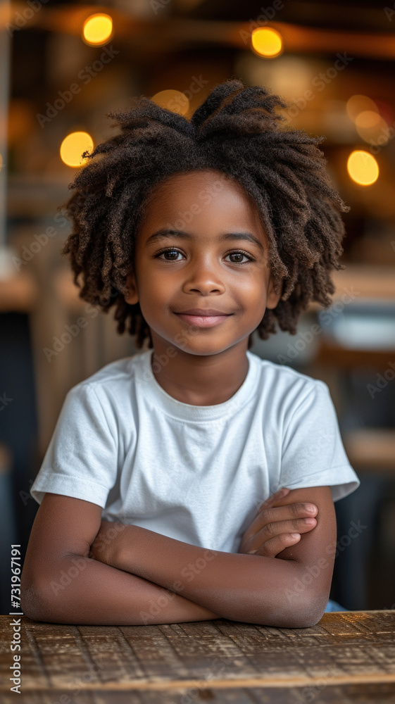 African boy in white t-shirt and jeans sitting at table at modern cafe. African boy in white t-shirt and jeans sitting at table at modern cafe.