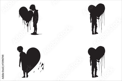Broken heart gothic vector Silhouette set, love sign gothic Silhouette and cracked grunge Silhouette shapes.