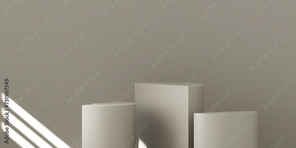 3 semi-cylinder Product Podium - Ivory Podium, Ivory Background. 3D Illustration. Light coming through window 3 semi-cylinder Product Podium - Ivory Podium, Ivory Background. 3D Illustration. Light coming through window