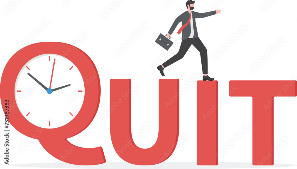 Time to quit day time job, resign from full time career, leaving company or freedom and independence from office job concept, happy businessman entrepreneur walking from alarm clock with the word QUIT Time to quit day time job, resign from full time career, leaving company or freedom and independence from office job concept, happy businessman entrepreneur walking from alarm clock with the word QUIT