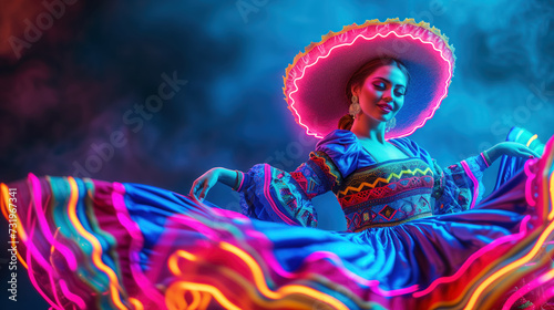 Beautiful female model in traditional costume and sombrero fabulous Cinco de Mayo female dancer in neon light