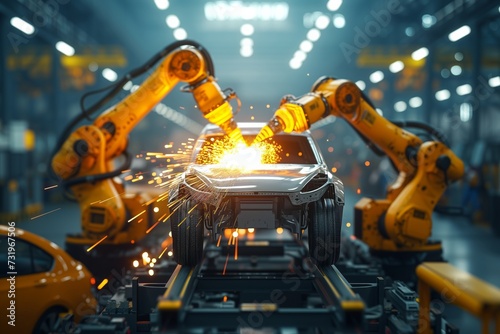 Production process In an electric car factory, Robotic arms are welding a car chassis, sparks flying in a futuristic automated factory setting. Automated machinery sparks intensely while working