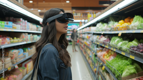 A young woman in casual clothing is immersed in a virtual experience using a high-tech virtual reality headset while standing in the grocery aisle of a supermarket.  © Peeradontax