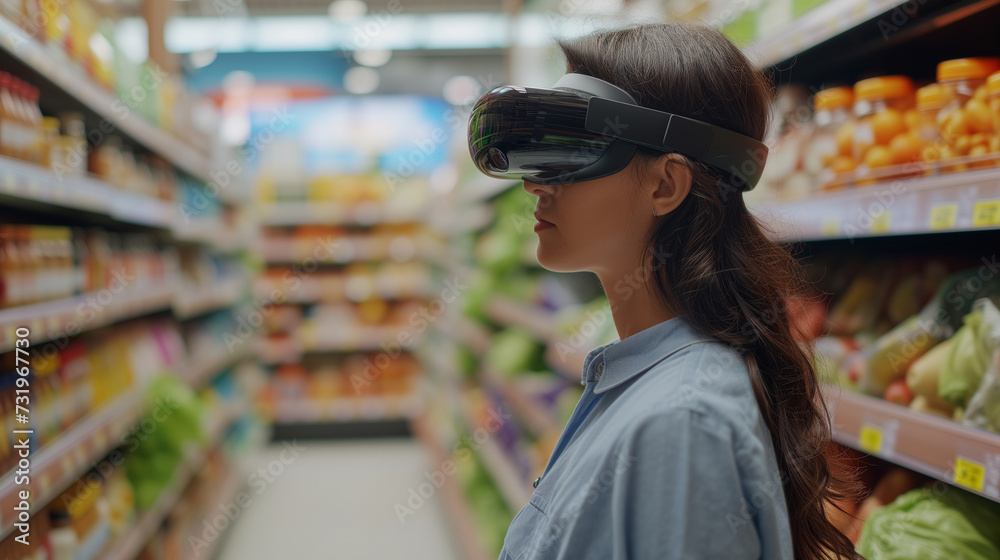 A young woman in casual clothing is immersed in a virtual experience using a high-tech virtual reality headset while standing in the grocery aisle of a supermarket. 