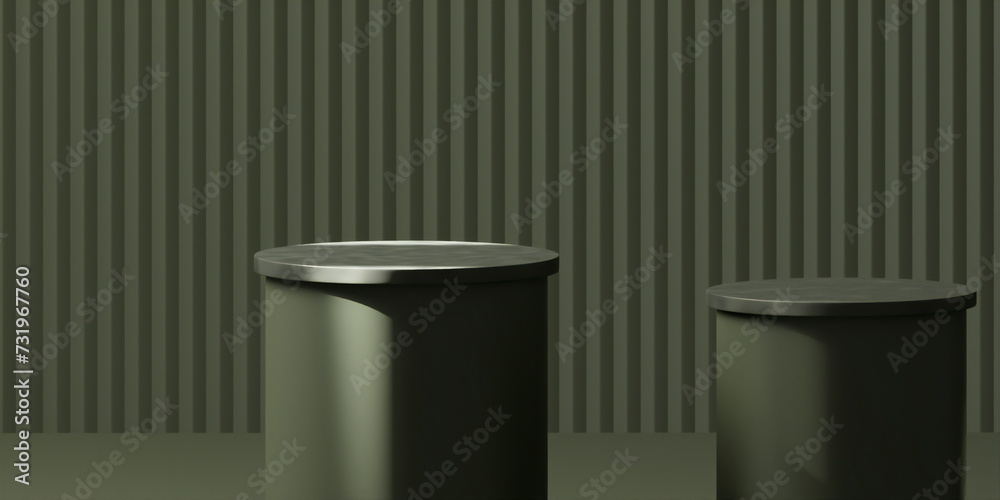Dark green podium with minimal striped Dark green backdrop, abstract mockup for product or sales presentation. 3d rendering Dark green podium with minimal striped Dark green backdrop, abstract mockup for product or sales presentation. 3d rendering