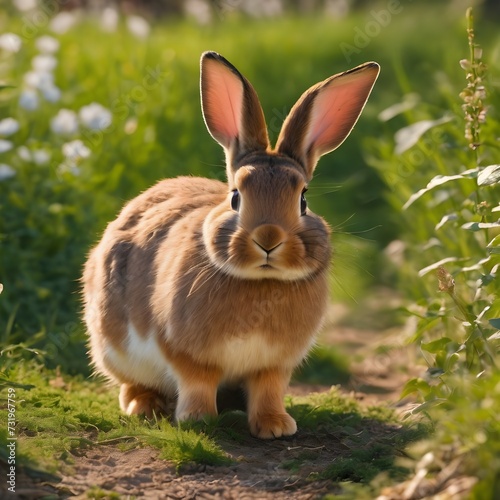 cute bunny on grass with beautiful nature