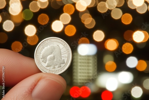 Hand flipping a coin, highlighting the uncertainty and risk in cryptocurrency investment. Coin in mid-air against a bokeh light background, metaphor for the volatility of digital currencies.