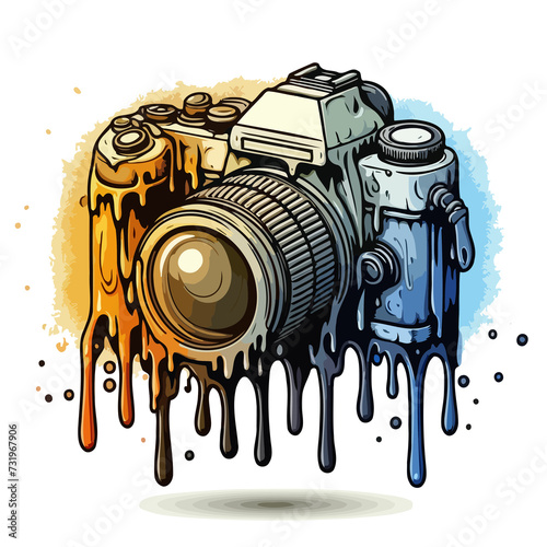 vintage photo camera with film with gradient paint splashes