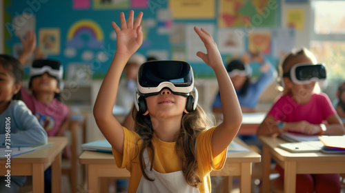 A group of diverse elementary school children are engaged in a futuristic learning activity, wearing virtual reality headsets in a bright, colorful classroom.