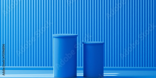 Blue podium with minimal striped Blue backdrop, Light coming through window, abstract mockup for product or sales presentation. 3d rendering
