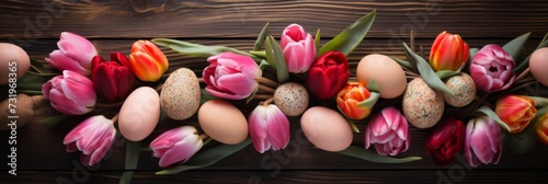 colorful easter background with tulips on wooden board. find similar images with different formats in my portfolio. 