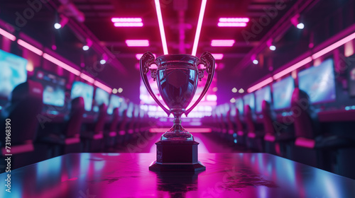 The eSports winner's trophy stands on the stage in the middle of the PC video game championship arena. On the sides Two rows of computers for competing teams. Stylish neon lamps with a cool design.