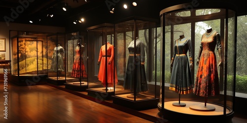 Historical dresses exhibited in glass cases with warm lighting in a museum