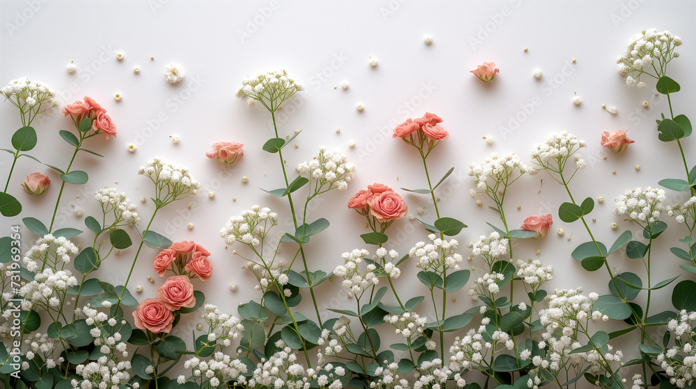beautiful pink and white wildflowers arranged as if growing on a white background, great for wedding decor or spring festival