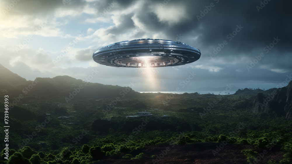 Ufo space ship is landing to land concept illustration Ufo space ship is landing to land concept illustration