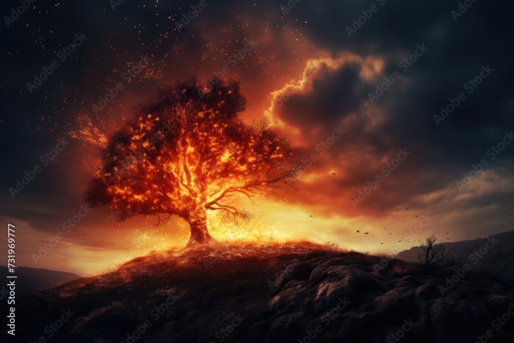 cinematic scene of a burning tree on a hill. dramatic cloudy sky. 
