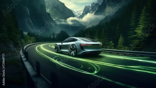 An electric car is driving on a winding road that runs through a forest and mountains created with Generative AI © mg photo