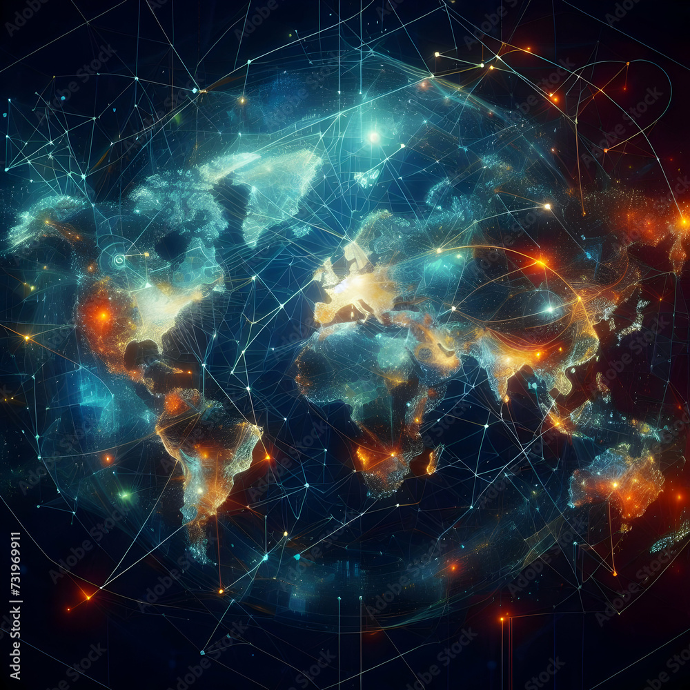 Explore the intricate network of connectivity depicted in this abstract world map. Explore the intricate network of connectivity depicted in this abstract world map.