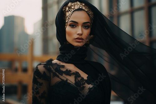 Stunning portrait of a young muslim woman in a black maxi dress