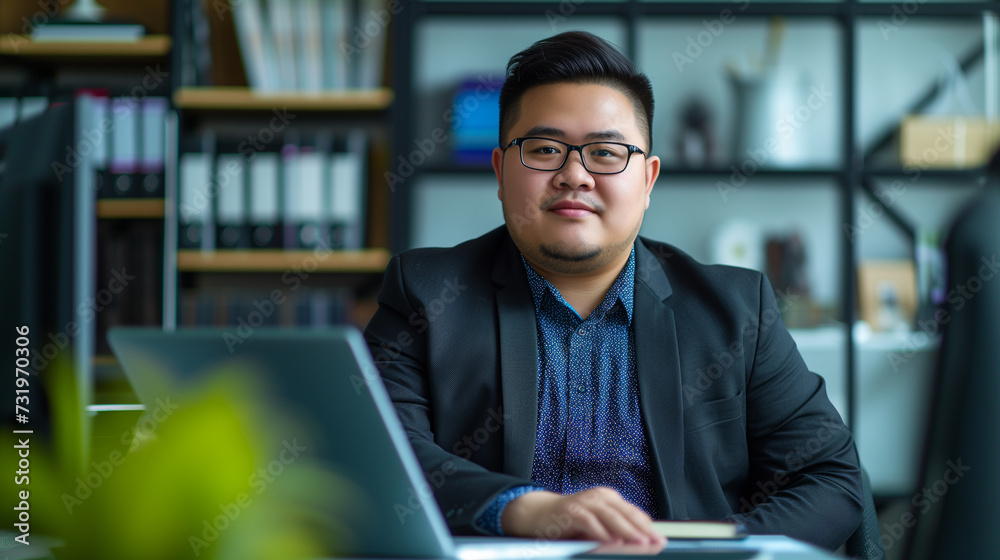 Plus size manager asian businessman CEO working on desk with computer laptop in modern office