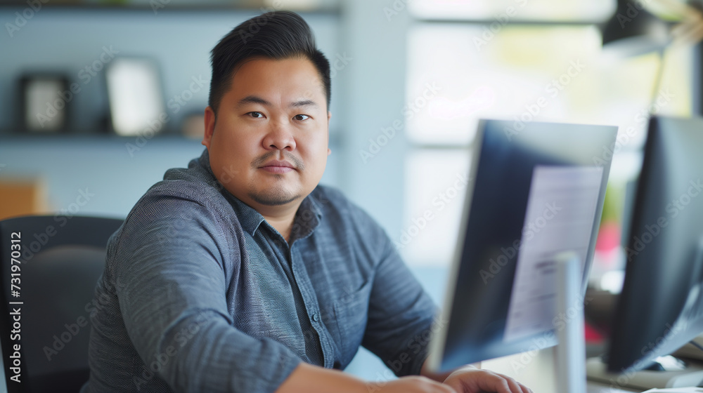 Plus size manager asian businessman CEO working on desk with computer laptop in modern office