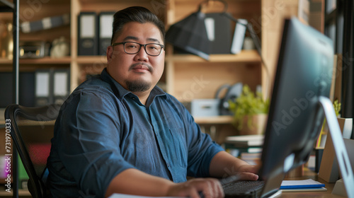 Plus size manager asian businessman CEO working on desk with computer laptop in modern office