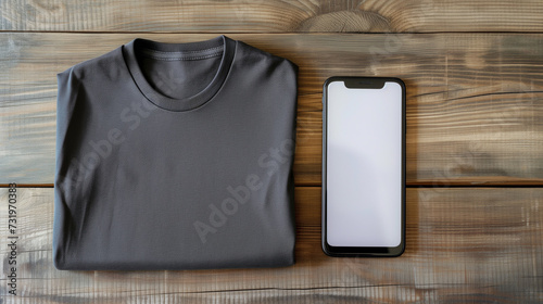 Top view of blank grey tshirt unisex mockup with empty screen smartphone for design template on wood background