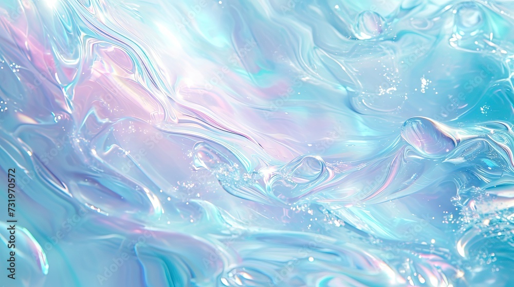 Iridescent liquid art displaying ethereal swirls of pink and blue, with a glossy, translucent quality.