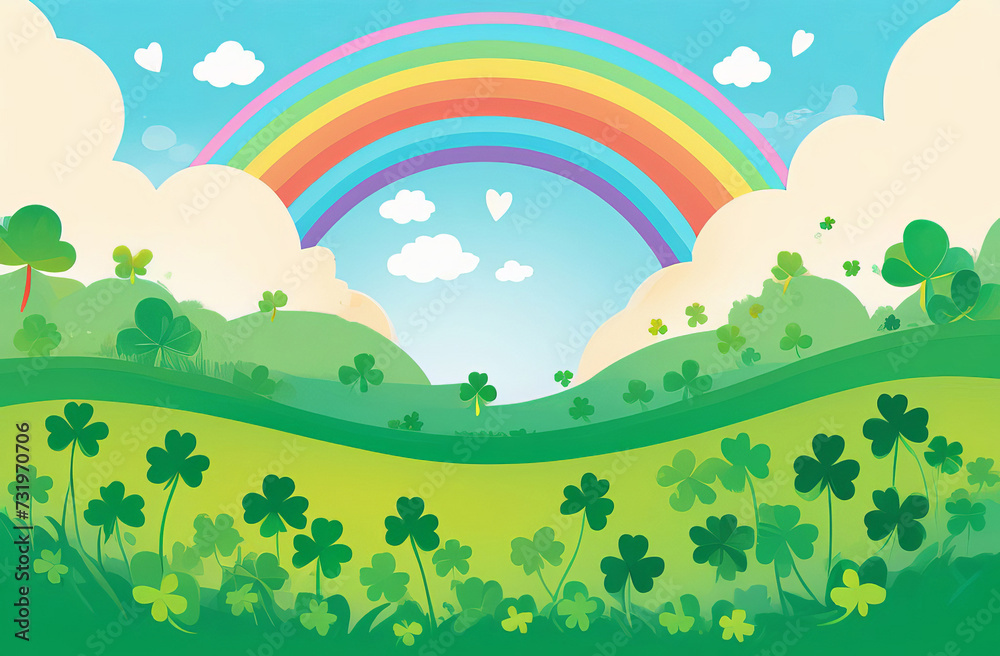 Naklejka premium Field of clover and rainbow on a cloudy sky