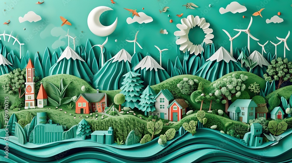 Intricate paper art depicting a sustainable landscape with green energy sources, including wind turbines and eco-friendly houses.