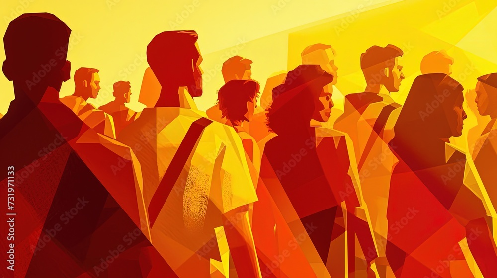 A dynamic group of individuals portrayed in cubist style, bathed in the golden light of a setting sun, evokes a sense of unity and direction.