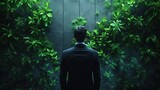 A professional man in a suit stands before a vibrant vertical garden, contemplating nature's presence in a corporate environment.