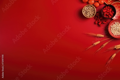 Happy Chinese new year. Asian family dinner top view, copy space