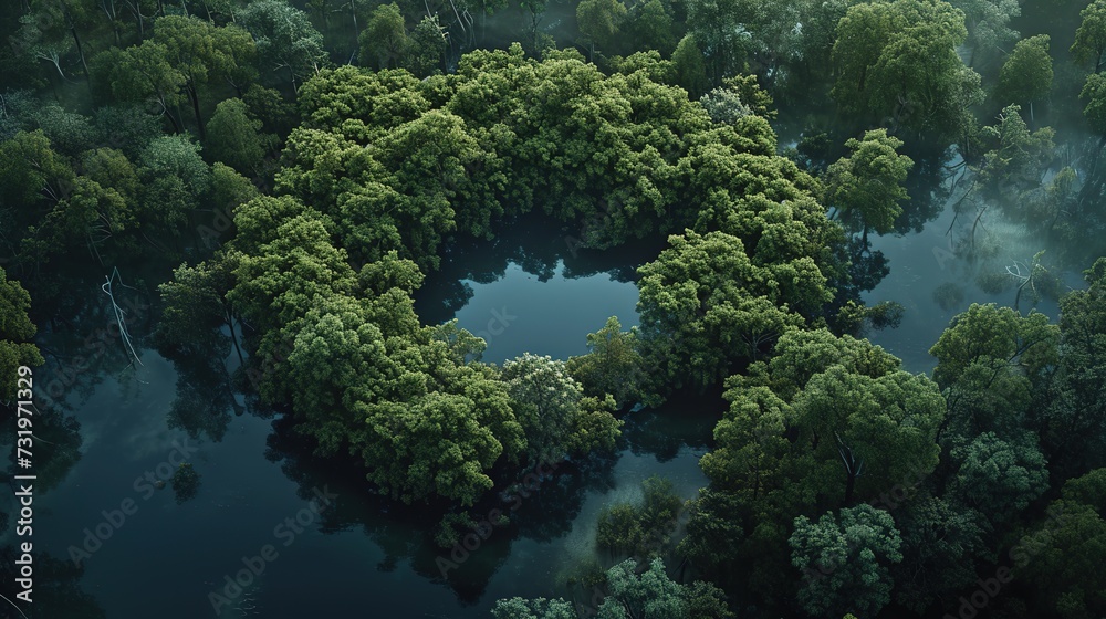 An aerial view reveals a secluded heart-shaped lake hidden within a vast and vibrant forest, symbolizing nature's secluded treasures.
