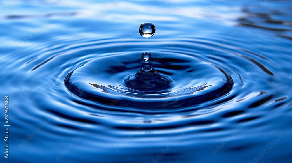 pristine water droplet falls, touching the tranquil blue surface, creating a series of symmetrical ripples expanding outward pristine water droplet falls, touching the tranquil blue surface, creating a series of symmetrical ripples expanding outward