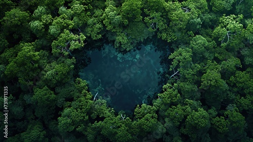 An enchanting heart-shaped clearing is nestled amidst a dense, verdant forest, as seen from an aerial perspective, symbolizing the beauty and love of nature.