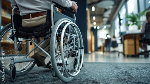 close-up of a person in a wheelchair in an office environment