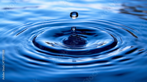 pristine water droplet falls, touching the tranquil blue surface, creating a series of symmetrical ripples expanding outward